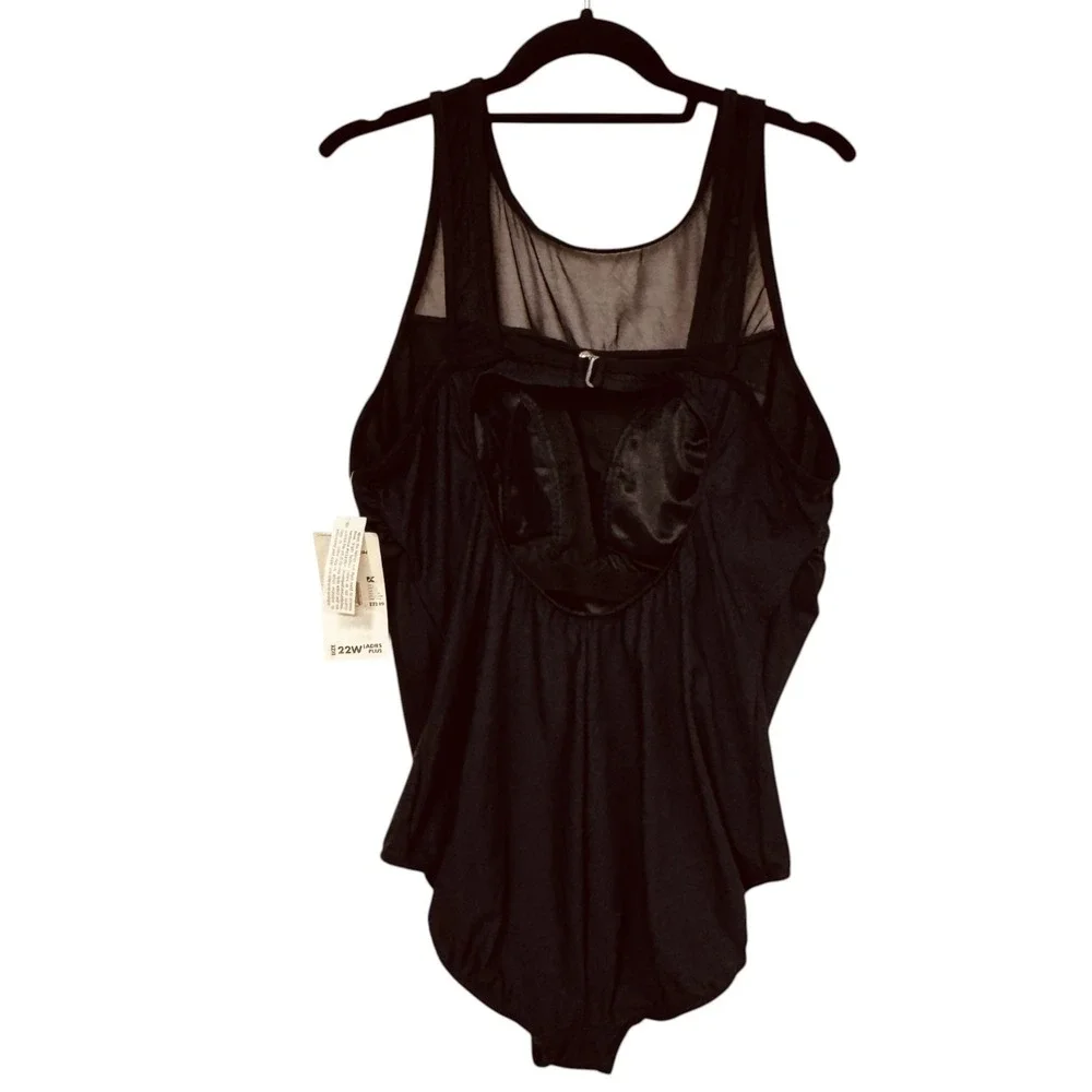 Vintage Basic Editions Black Swimsuit,‎ Size 22W, One Piece Mesh Top Daisies NEW